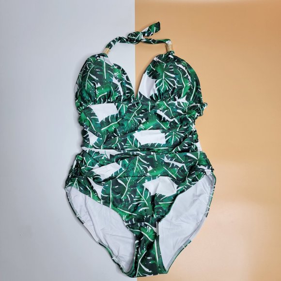 Women Green V Neck One Piece Tummy Control Ruched Swimwear size X-Large NEW - Picture 2 of 11